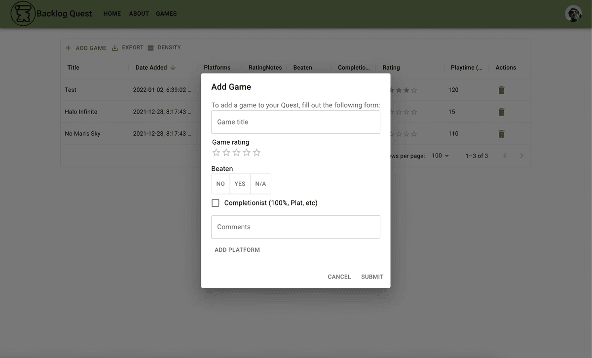 Backlog Quest Add Game Dialog